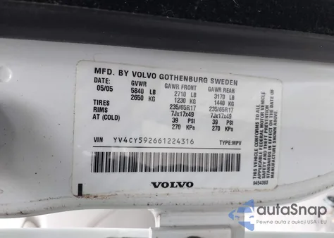 2006 Volvo Xc90 2.5T from USA, damaged, VIN YV4CY592661224316